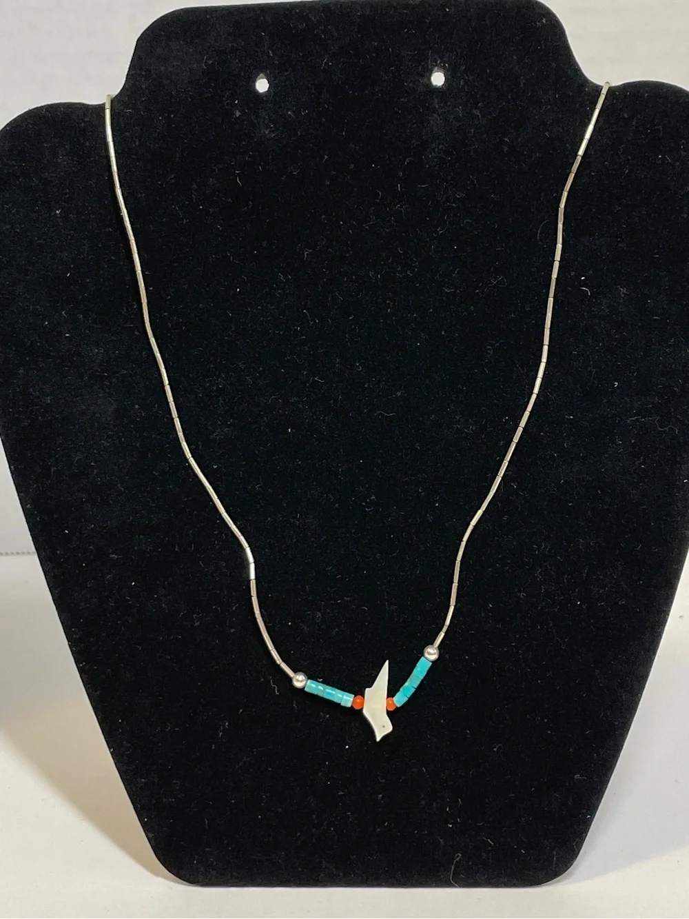 Native American SW Style Silver, Turquoise  Coral Bird Necklace, 21”, 4.40g